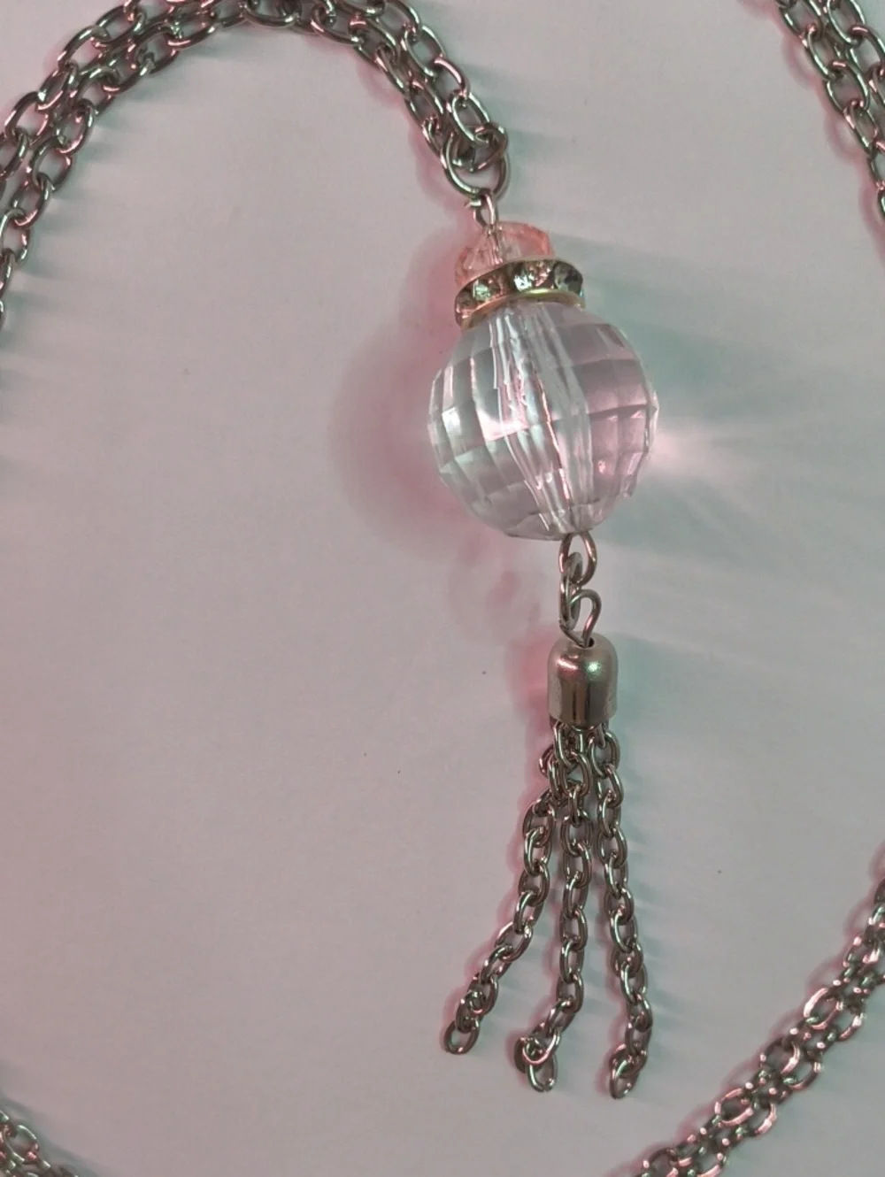 Delicate Silver-Tone Long Necklace with Pink & Clear Crystal Ball Tassel Pendant